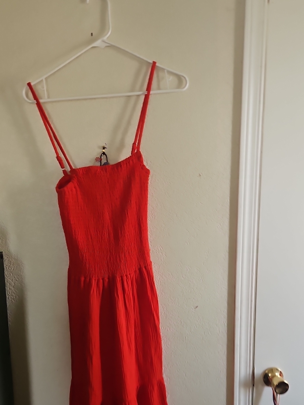 Adjustable-Strap Red Midi Dress with Smocked Bodice
